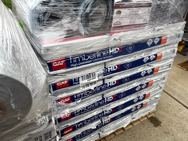 Pallets of GAF Timberline HDZ shingles delivered for an XPRO ELITE roof replacement in Middletown, Ohio
