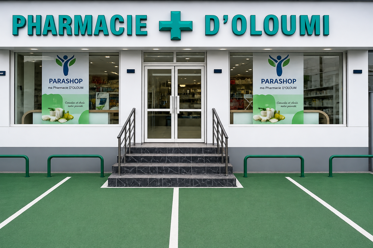 Photo de la devanture physique de la Pharmacie d'Oloumi montrant la façade blanche avec enseigne turquoise "PHARMACIE D'OLOUMI" et croix médicale, logo PARASHOP "ma Pharmacie D'OLUM" avec symbole bleu et vert, vitrines avec produits pharmaceutiques et cosmétiques, portes d'entrée vitrées, escaliers d'accès, parking vert avec marquages blancs