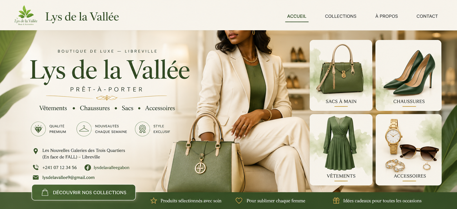 Screenshot du site Lys de la Vallée montrant la page d'accueil avec logo (feuilles vertes), hero section avec femme élégante portant des accessoires de luxe, texte 'Lys de la Vallée - PRÊT-À-PORTER' en vert foncé, tagline 'Vêtements • Chaussures • Sacs • Accessoires', trois icônes (Qualité Premium, Nouveautés Chaque Semaine, Style Exclusif), galerie de produits (sacs à main, chaussures, vêtements, accessoires), et bouton 'DÉCOUVRIR NOS COLLECTIONS'.