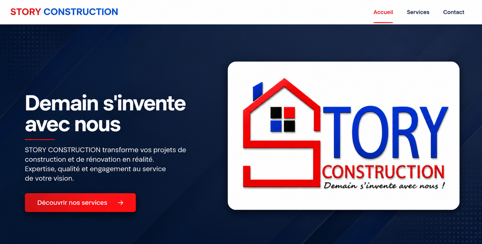 Screenshot du site STORY CONSTRUCTION montrant le logo (maison rouge et bleue avec texte "STORY CONSTRUCTION - Demain s'invente avec nous !") et la page d'accueil avec hero section bleu foncé