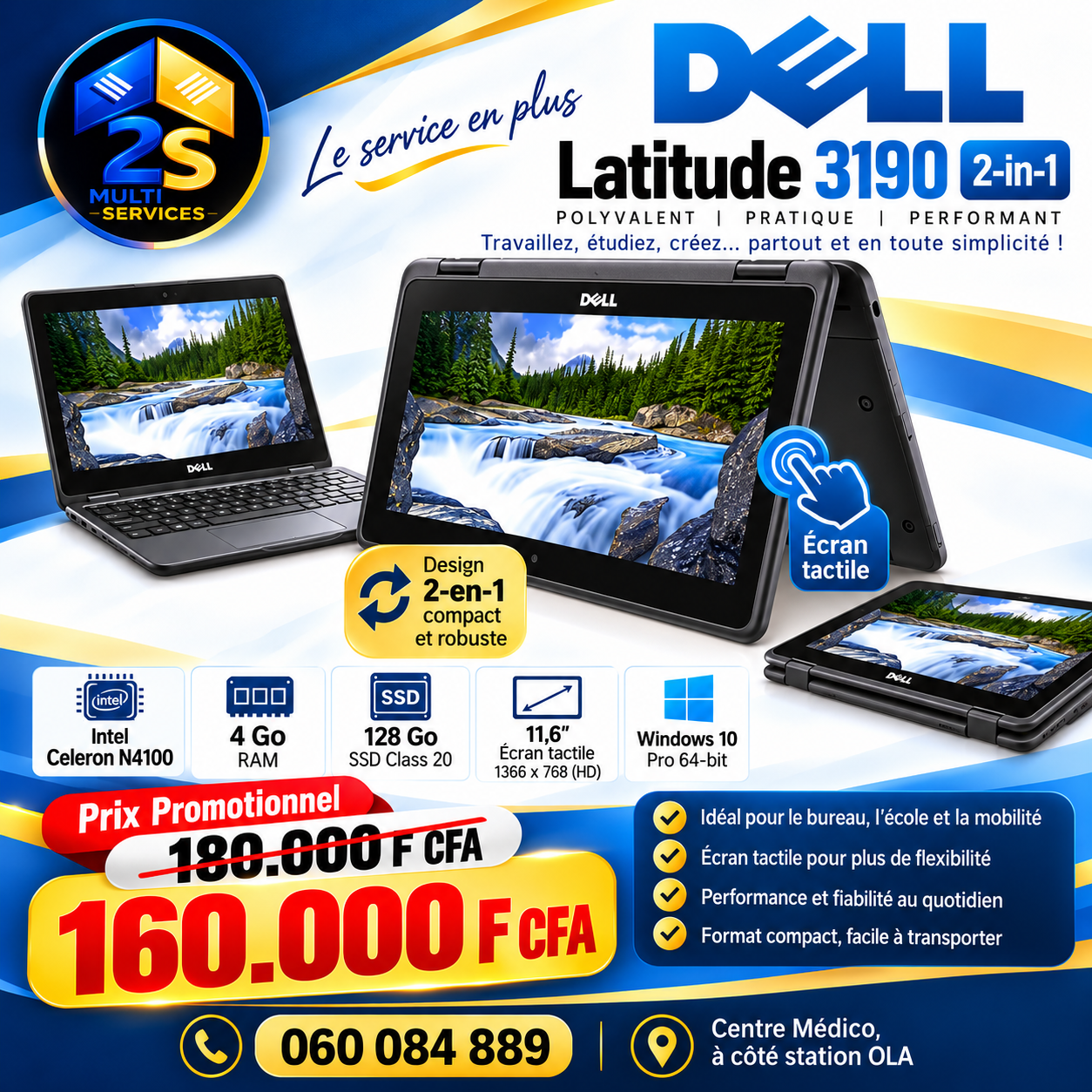 Affiche de l'offre 2S MultiServices : Dell Latitude 3190 2-en-1 à 160.000 F CFA au lieu de 180.000 F CFA