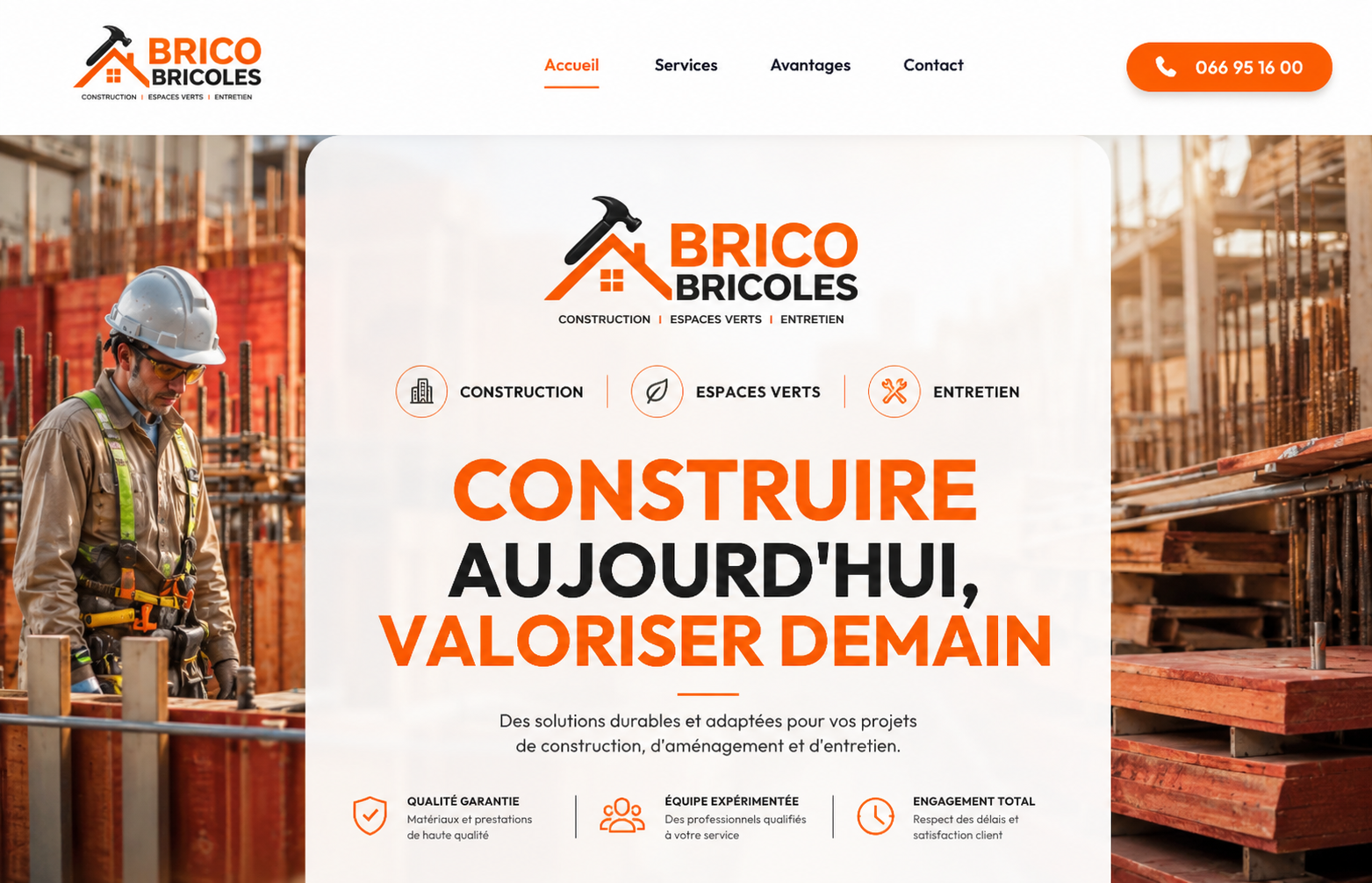 Screenshot du site BRICO BRICOLES montrant la page d'accueil avec logo et présentation des services de bricolage