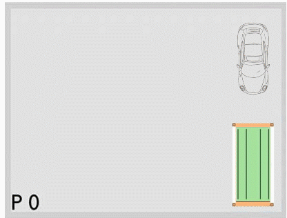 Schéma technique du système PUZZLE PARK avec vue de dessus de deux niveaux P0 et P-1 avec voitures garées dans des espaces verts et ascenseur central