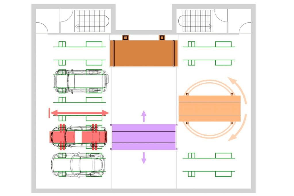 Technische Zeichnung Draufsicht Lift Park T - Hanging Shuttle