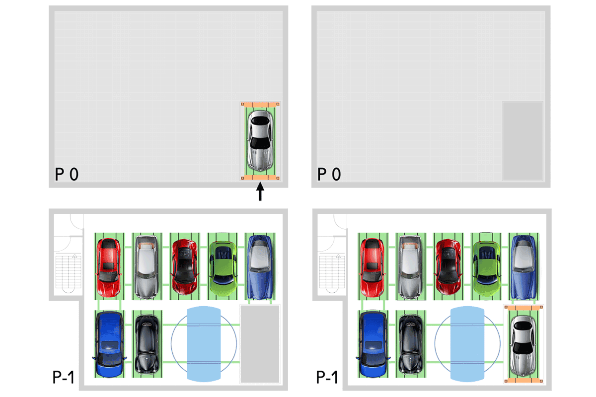 Schéma technique PUZZLE PARK avec voitures colorées et flux de mouvement