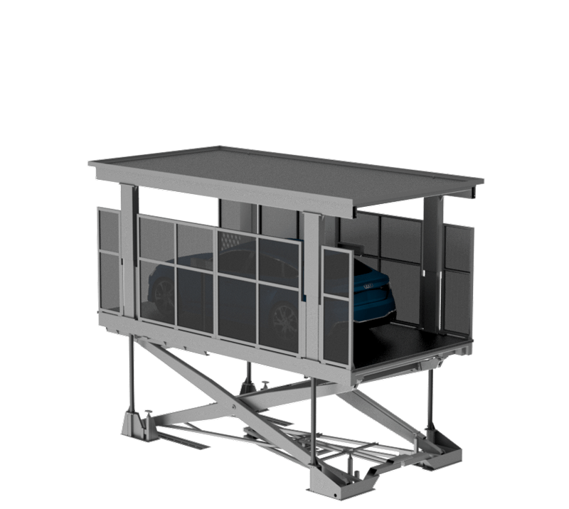 Rendering 3D del sistema Montauto Con Uomo A Bordo - piattaforma elevata con struttura metallica, tetto, finestre, auto blu all'interno