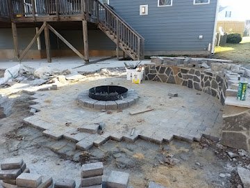 Fire pit installation with stone base and paver surround