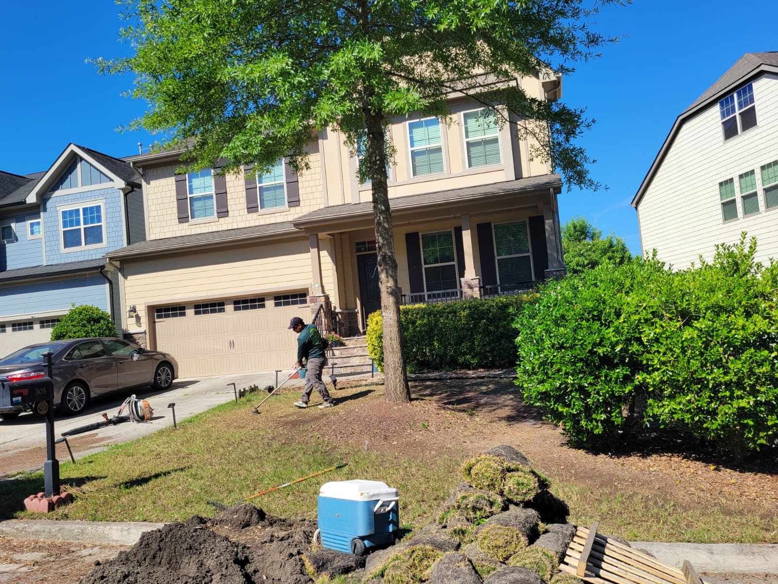 Sod installation on new-construction lot, Apex area