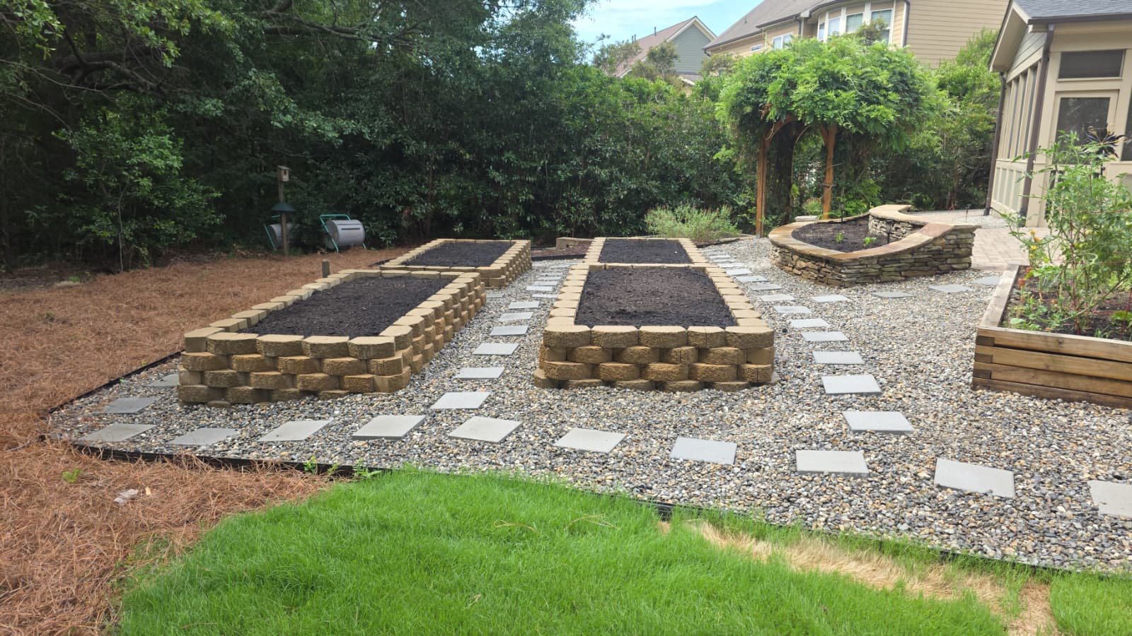 Mulch Beds, Raised Planters & Patio