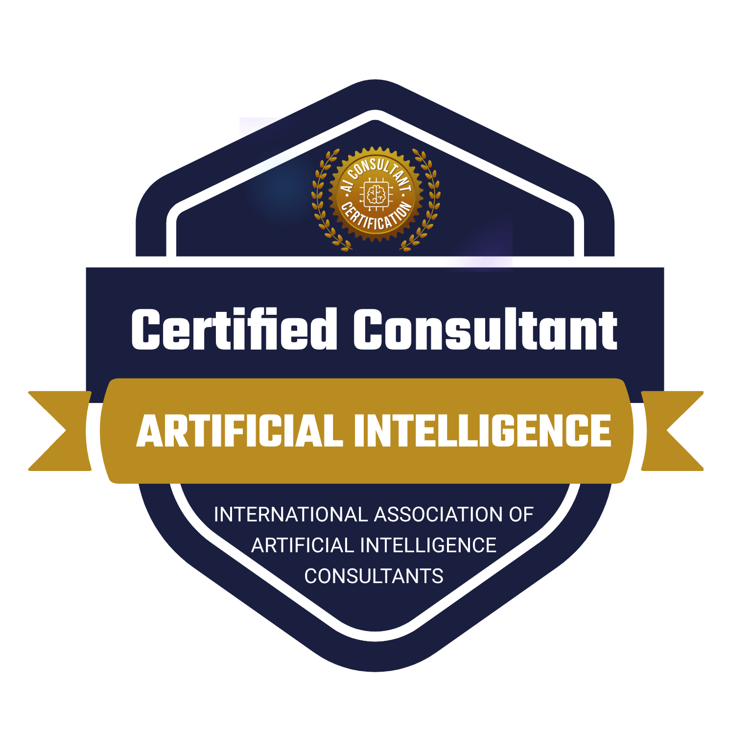 Certified Artificial Intelligence Consultant - navy shield with gold laurel wreath and gold banner