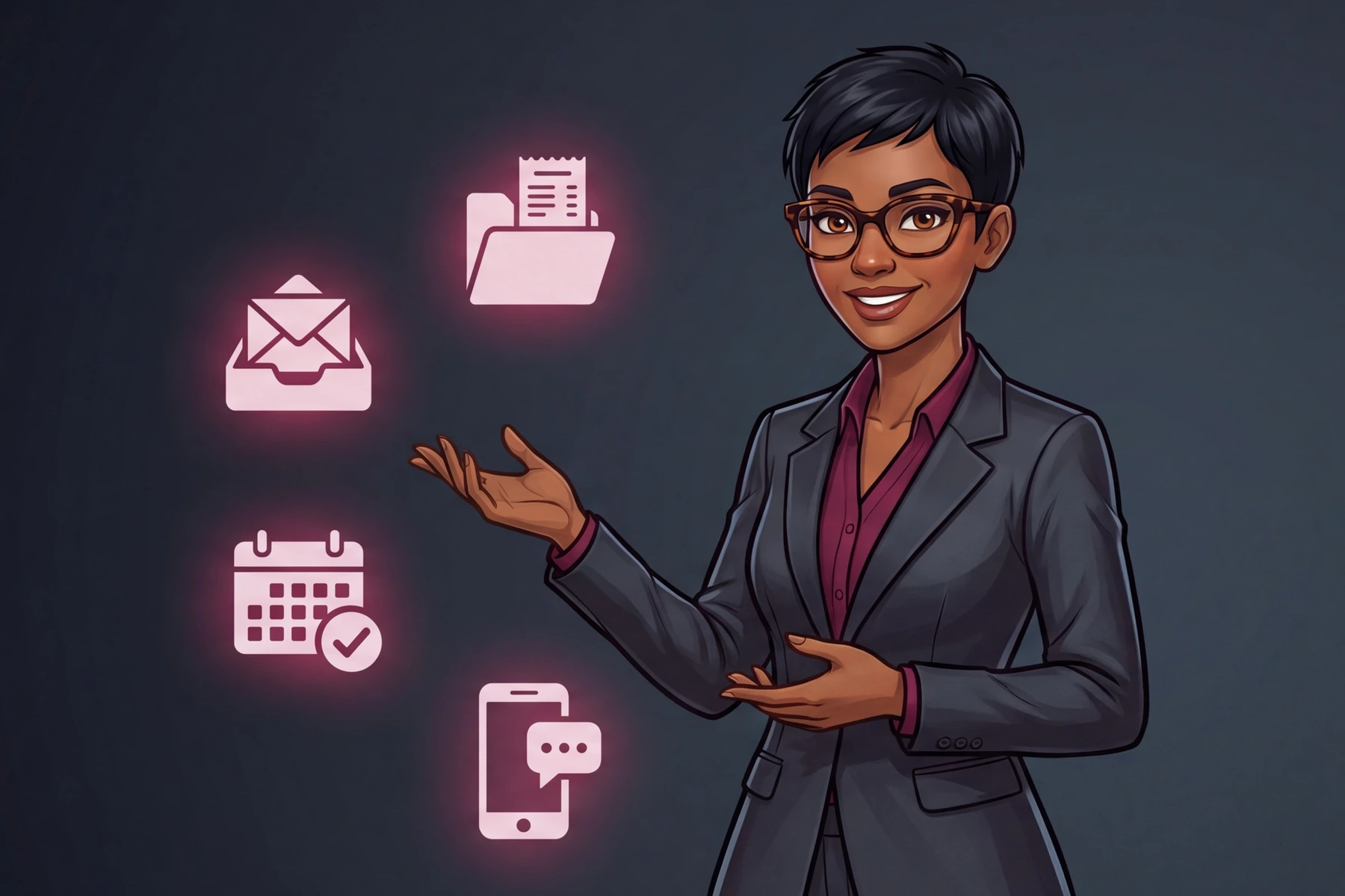 Donna Bordeaux, an AI Chief of Staff, presenting the inbox, calendar, document filing and messaging tasks she manages.