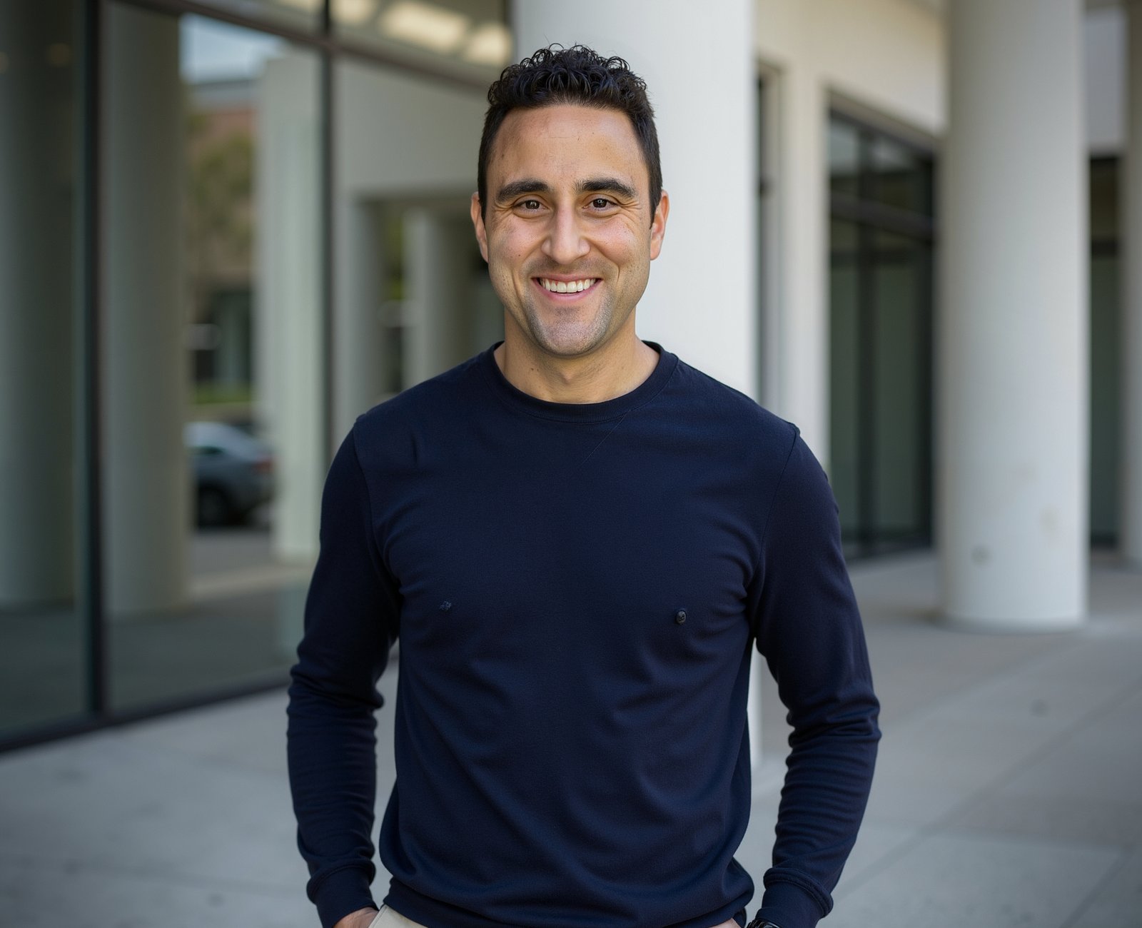 Adam Joseph Turner outdoor portrait in a navy sweatshirt