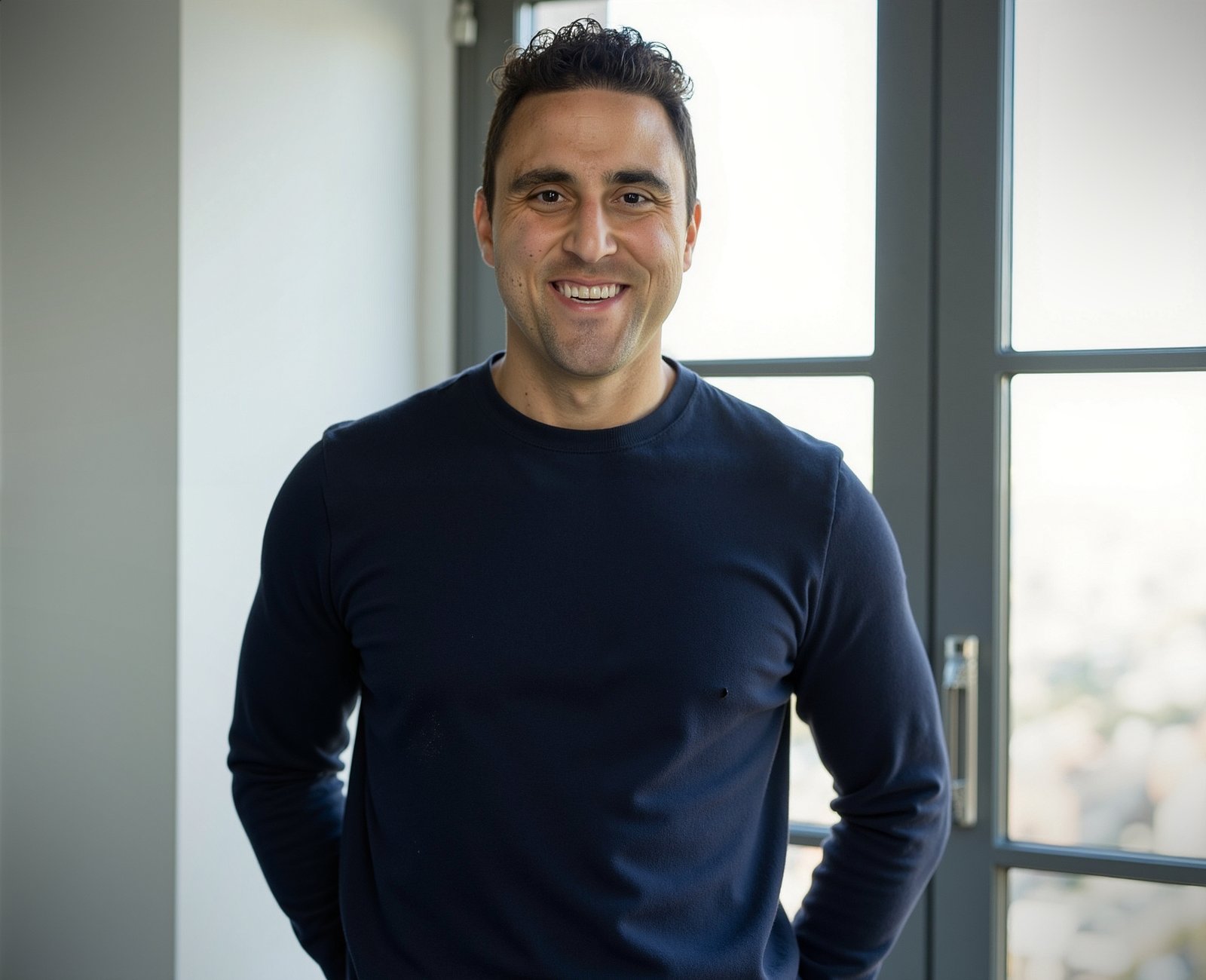 Adam Joseph Turner indoor portrait in a navy sweater by a window