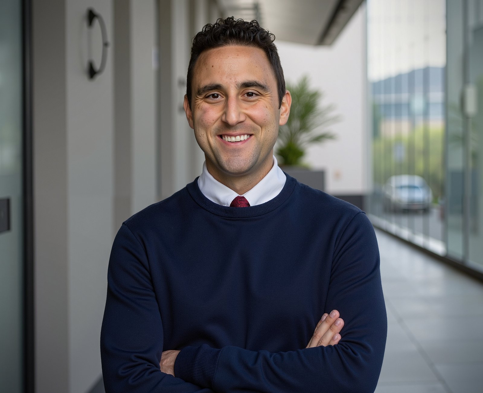 Adam Joseph Turner corridor portrait in a navy sweater over shirt and tie
