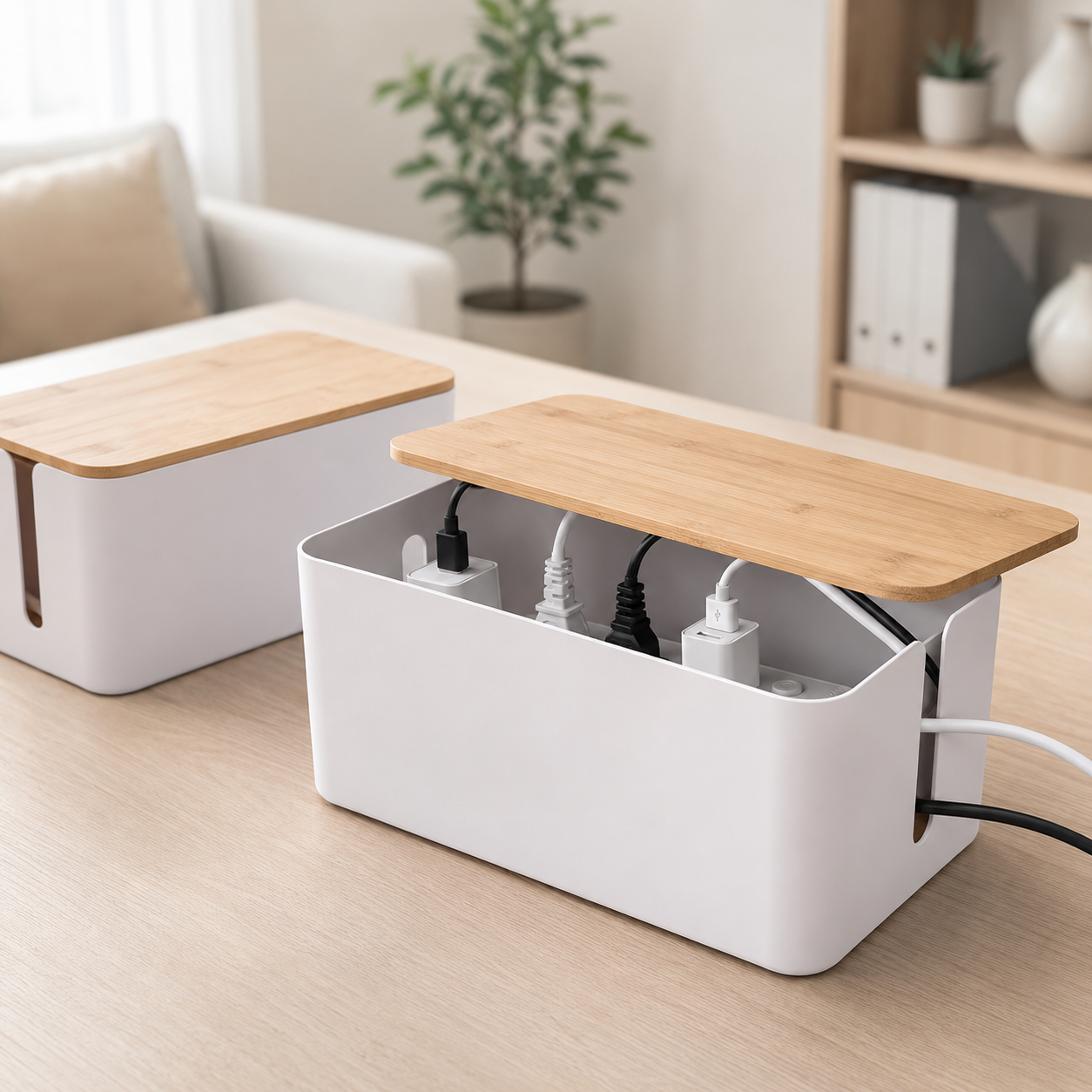 2 Pack Cable Management Box — Cord Organizer with Wooden Lid