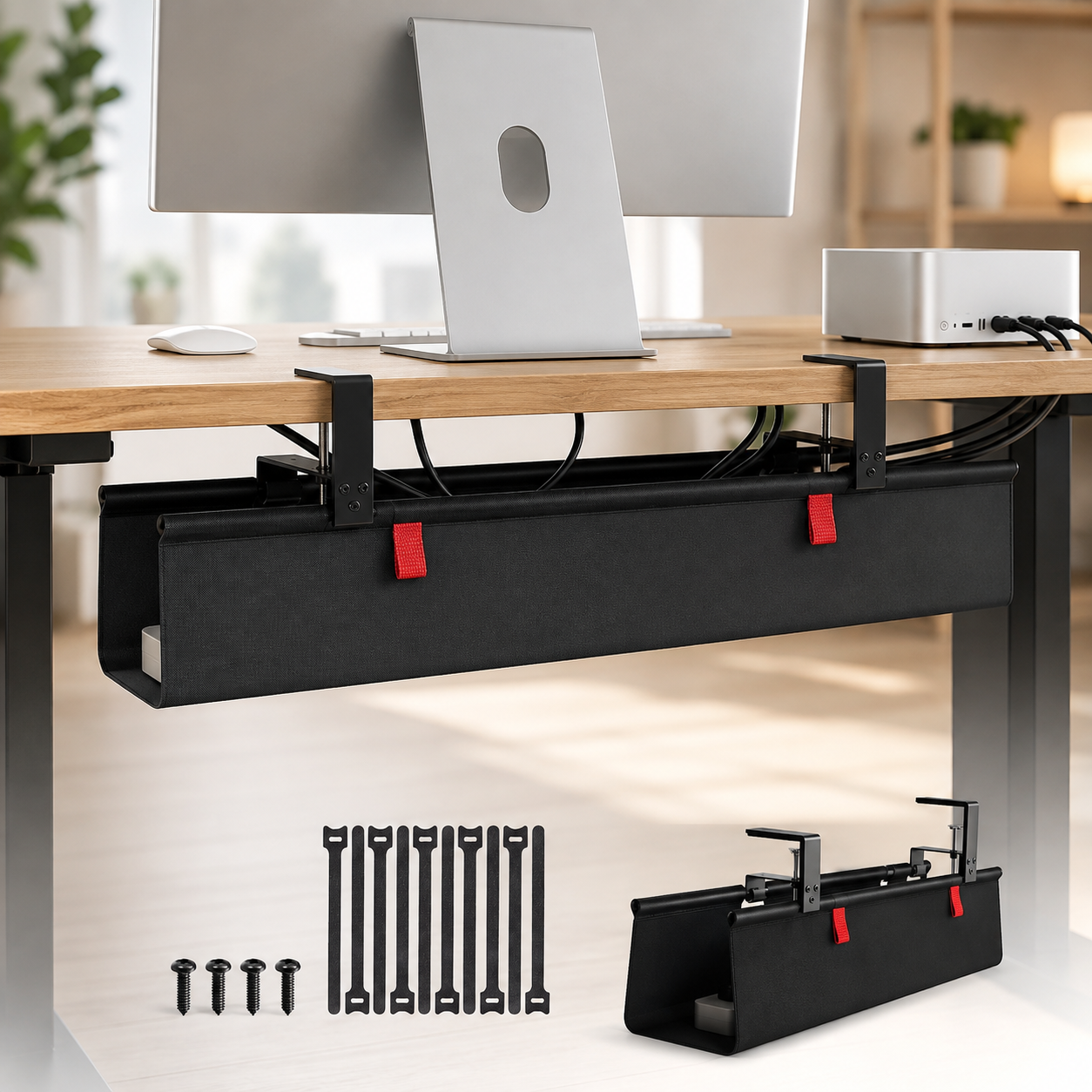KEEGH No Drill Fabric Under Desk Cable Management Tray 28 in — Black