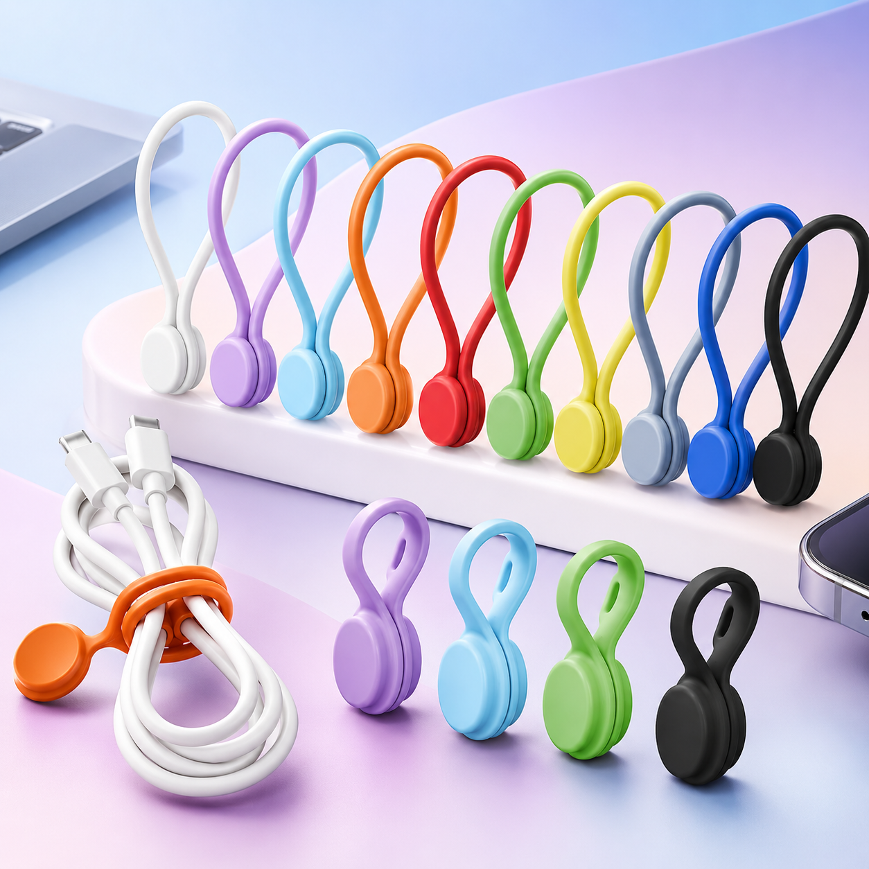 Magnetic Cable Ties — 10-Color Silicone Loop Twist Ties, 10-Pack