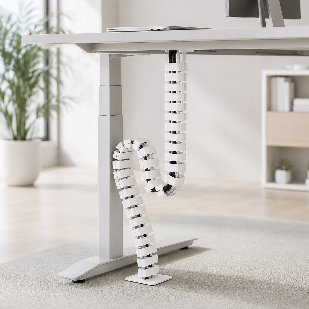 White Standing Desk Cable Spine — Flexible Cord Management Chain