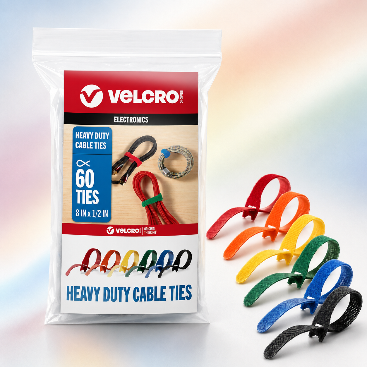 VELCRO Brand Heavy Duty Cable Ties — 60-Pack, 8 in x 1/2 in, Multi-Color
