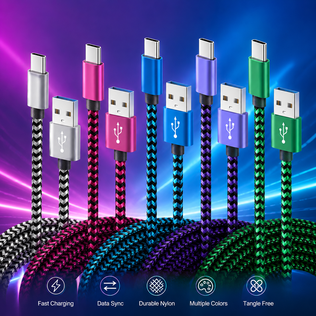 USB-A to USB-C Braided Fast Charging Cable, Multicolor Set