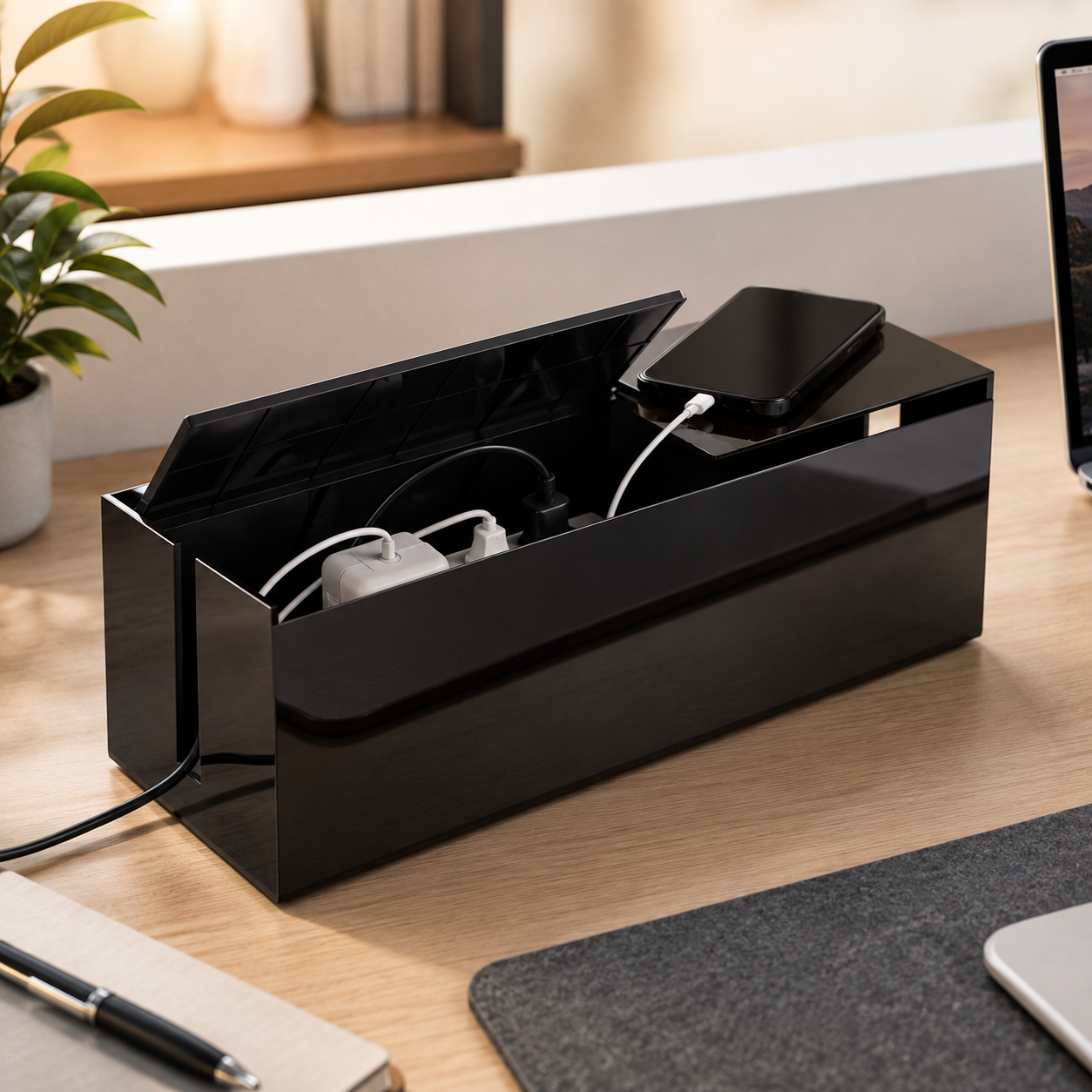 Cable Management Box with Lid — Glossy Black Desktop Organizer