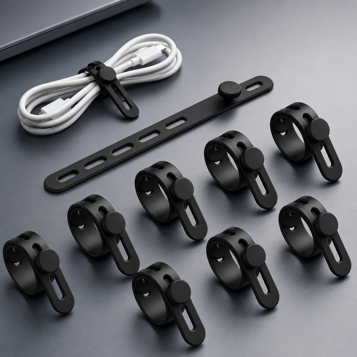 Silicone Cable Straps — Reusable Cable Ties, 10-Pack with Cable Strap