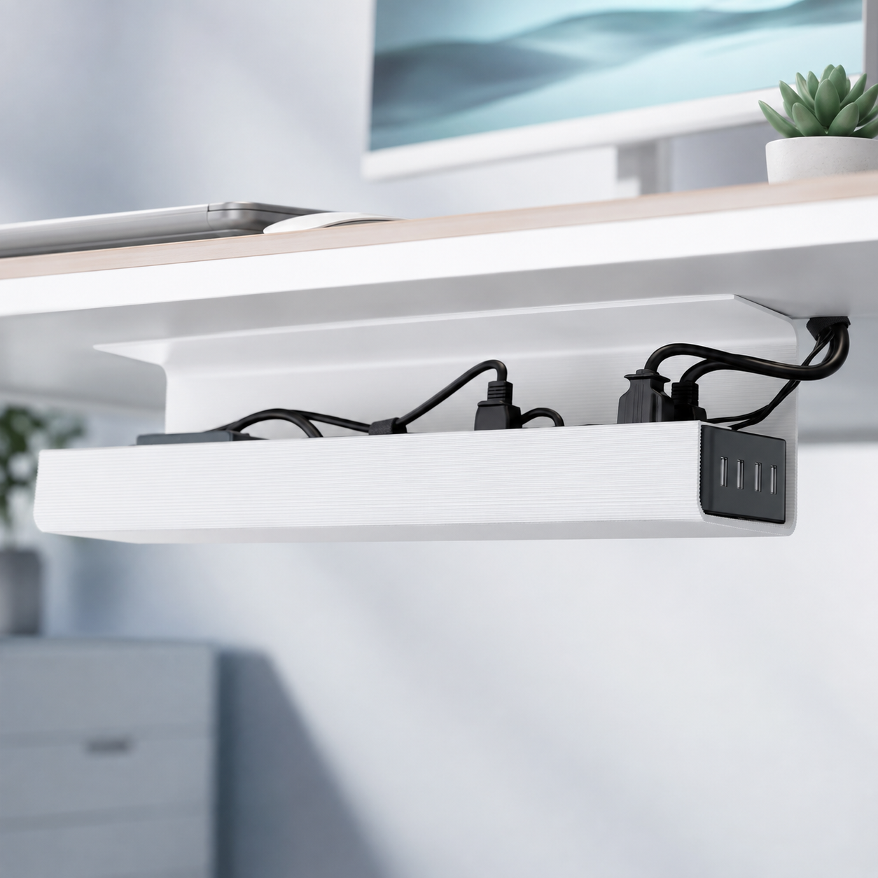 No-Screw Under Desk Cable Management Tray — Self-Adhesive White Set of 2