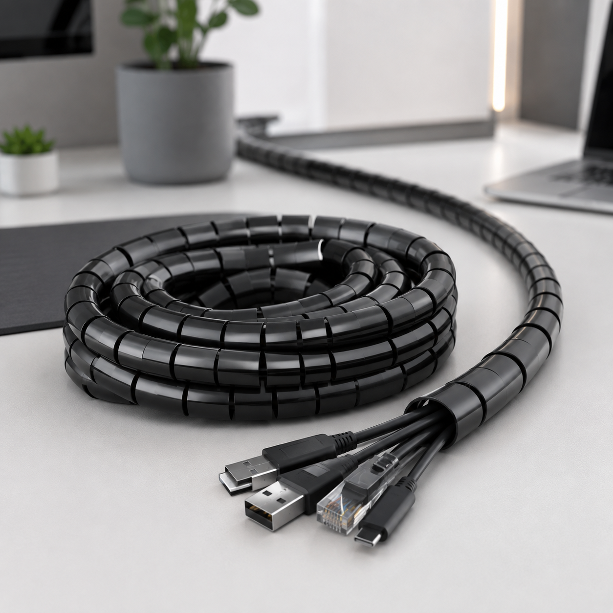 Black Spiral Cable Wrap — 16 ft Flexible Cord Management Tube