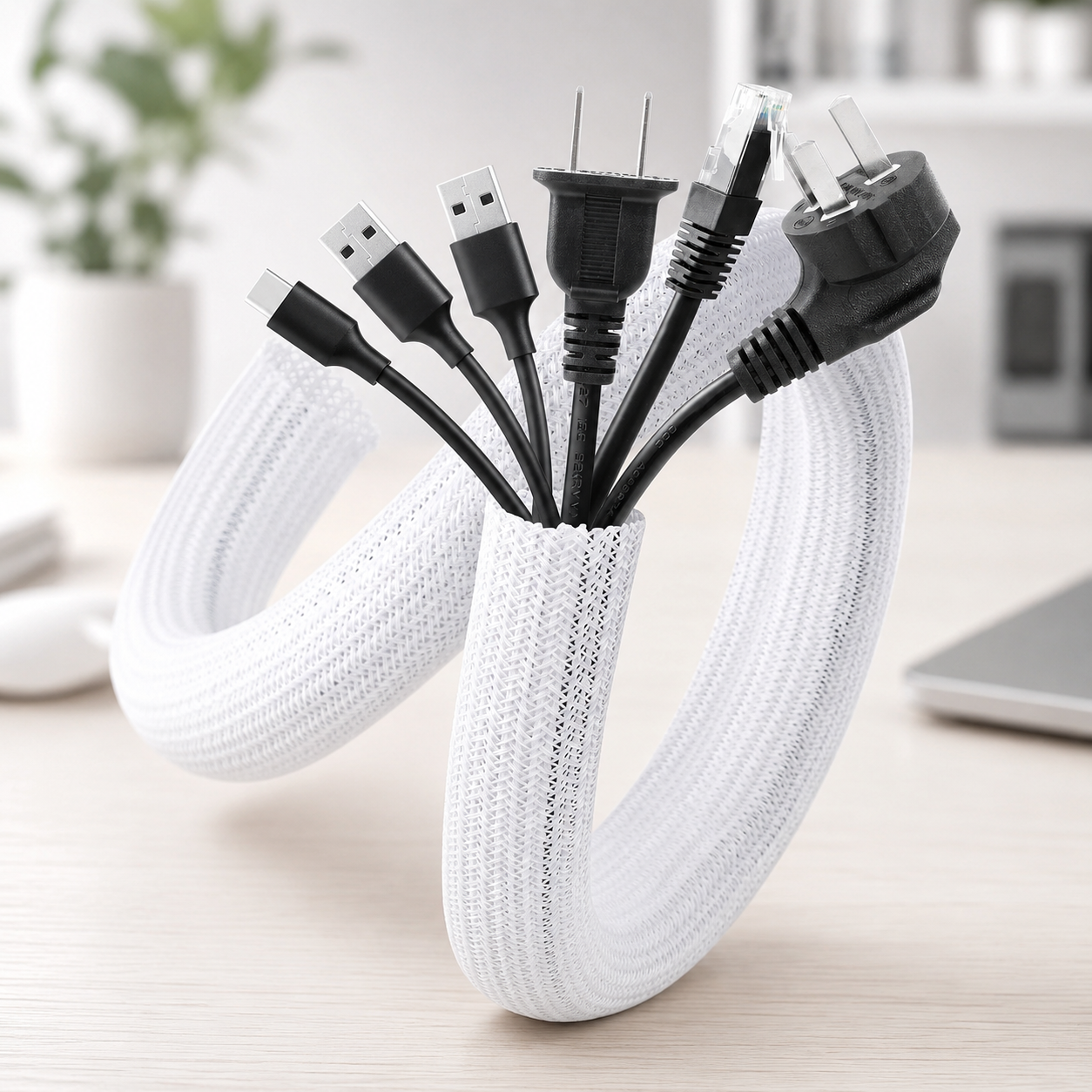 White Expandable Braided Cable Sleeve — Flexible Self-Wrapping