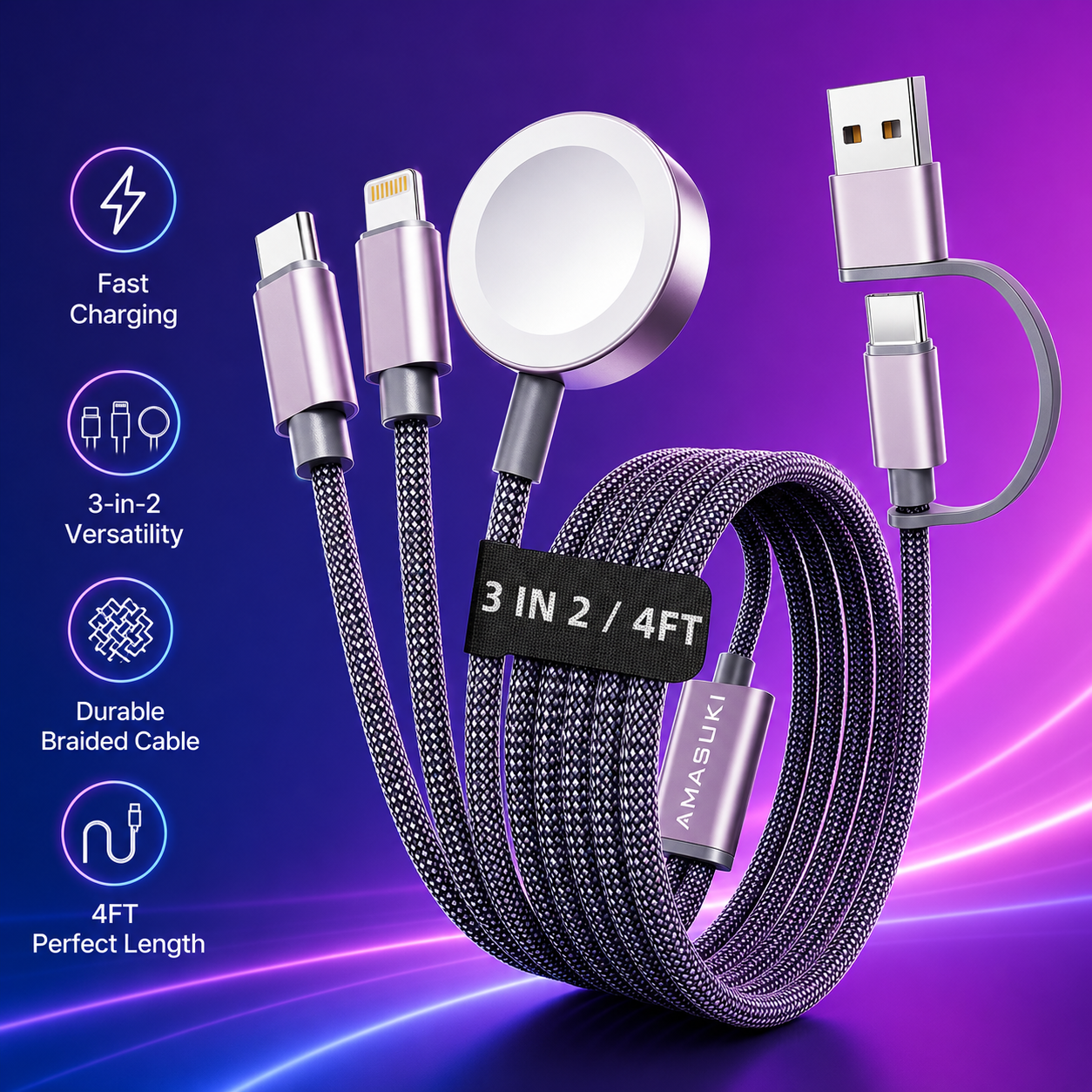 AMASUKI 3-in-2 Magnetic Charging Cable with Watch Charger