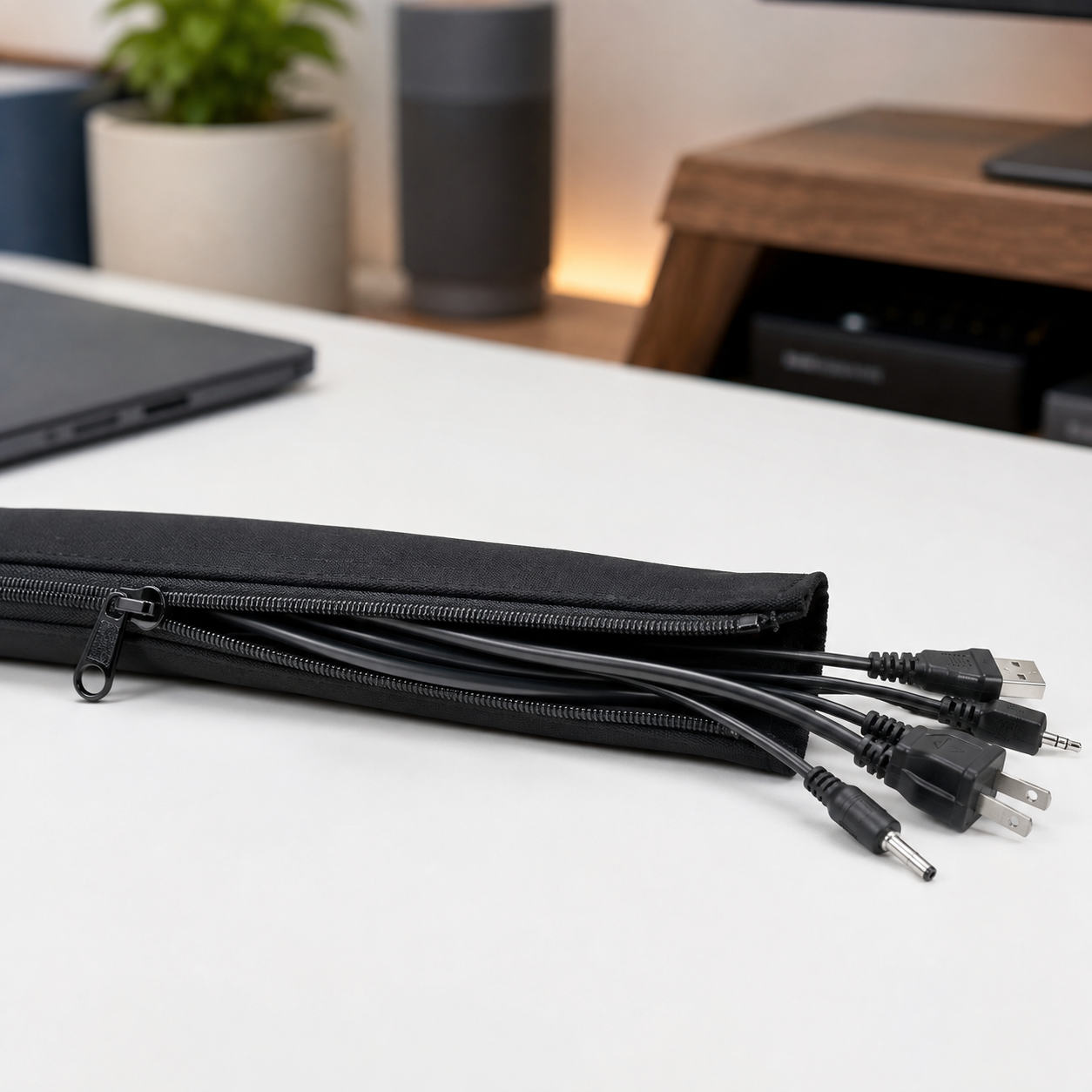 Zipper Cable Management Sleeve — Neoprene Cord Organizer Pouch