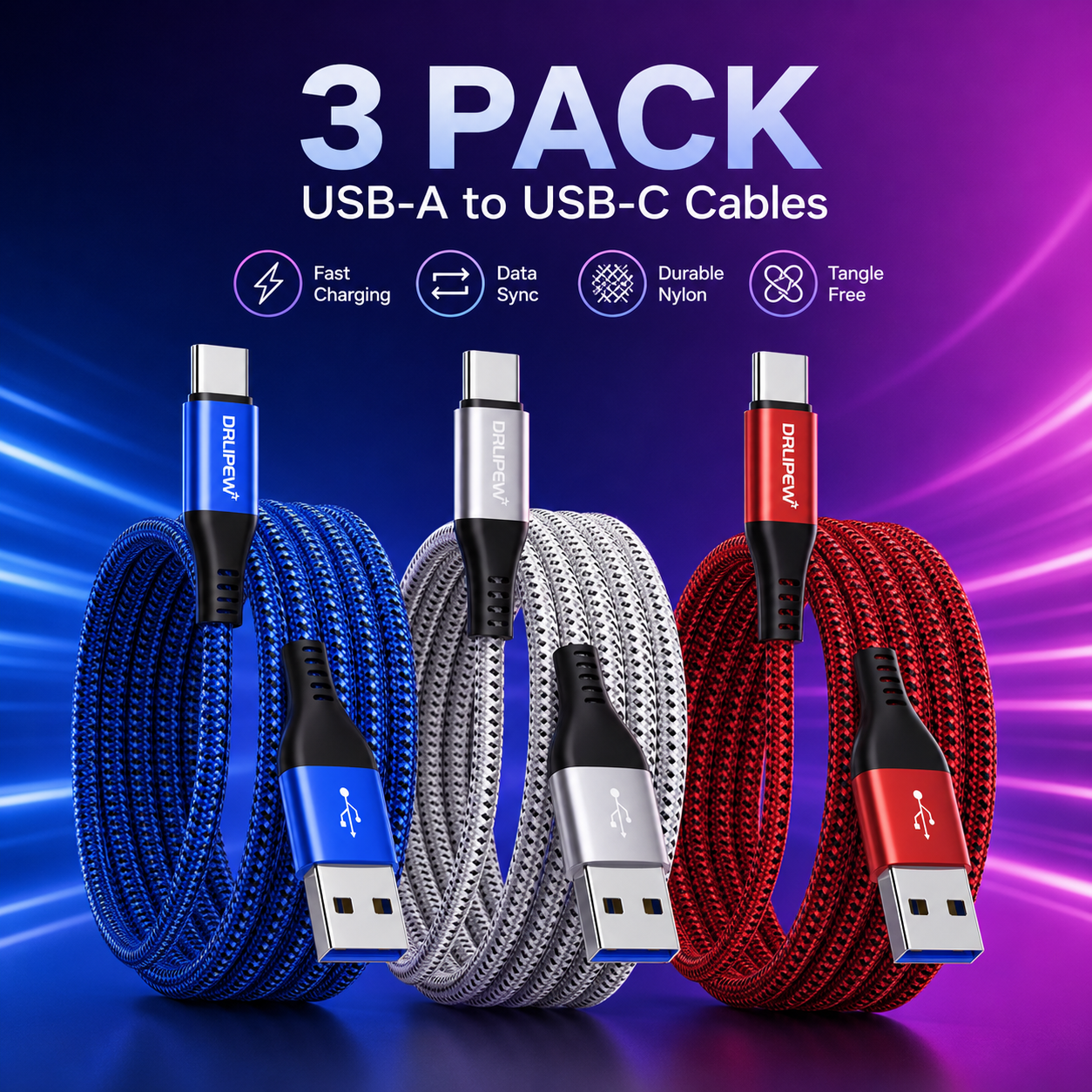 DRLIPEW USB C Cable 10 ft 3-Pack Nylon Braided Fast Charging