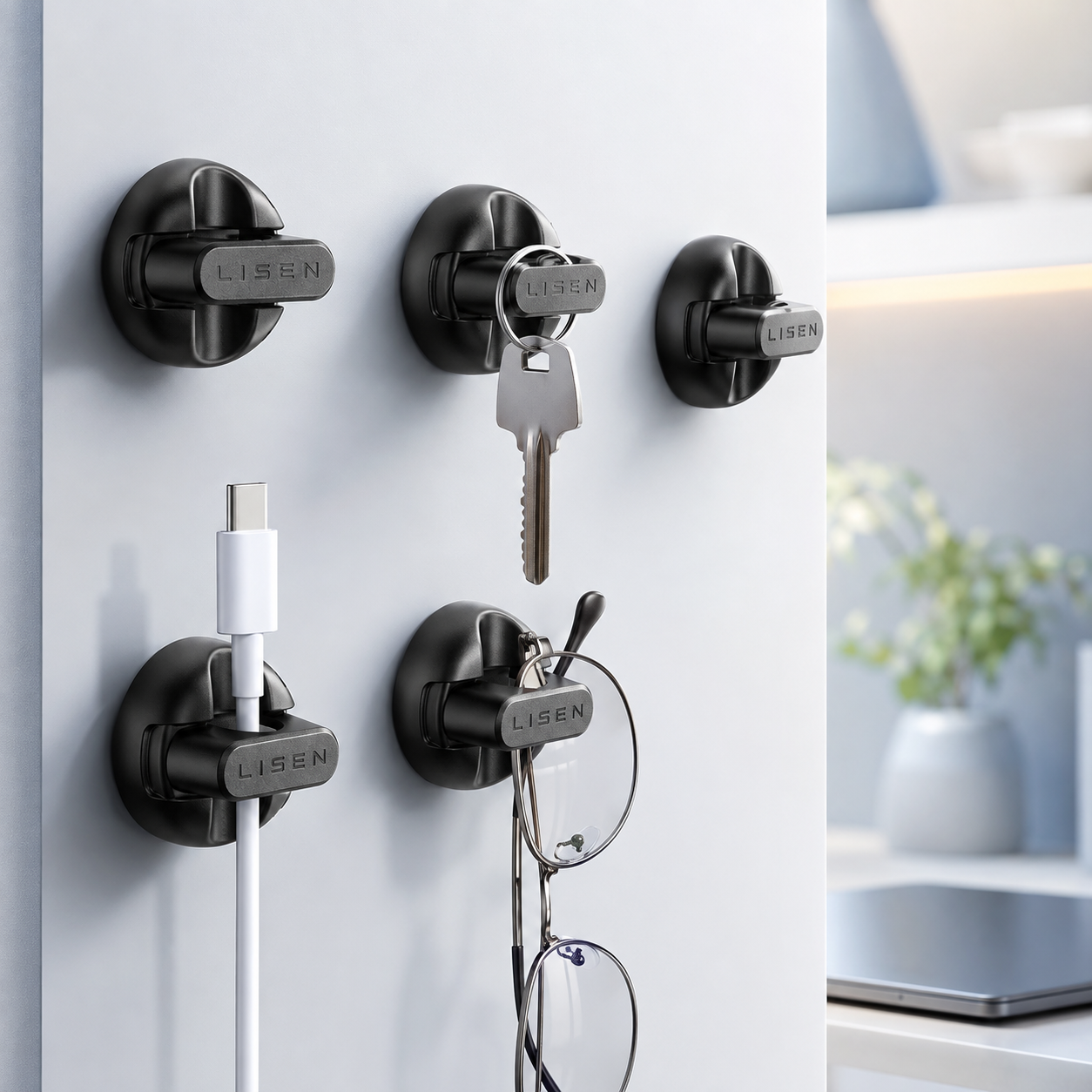 LISEN Wall Cable Clips — Self-Adhesive Cable Holder Hooks, 5-Pack