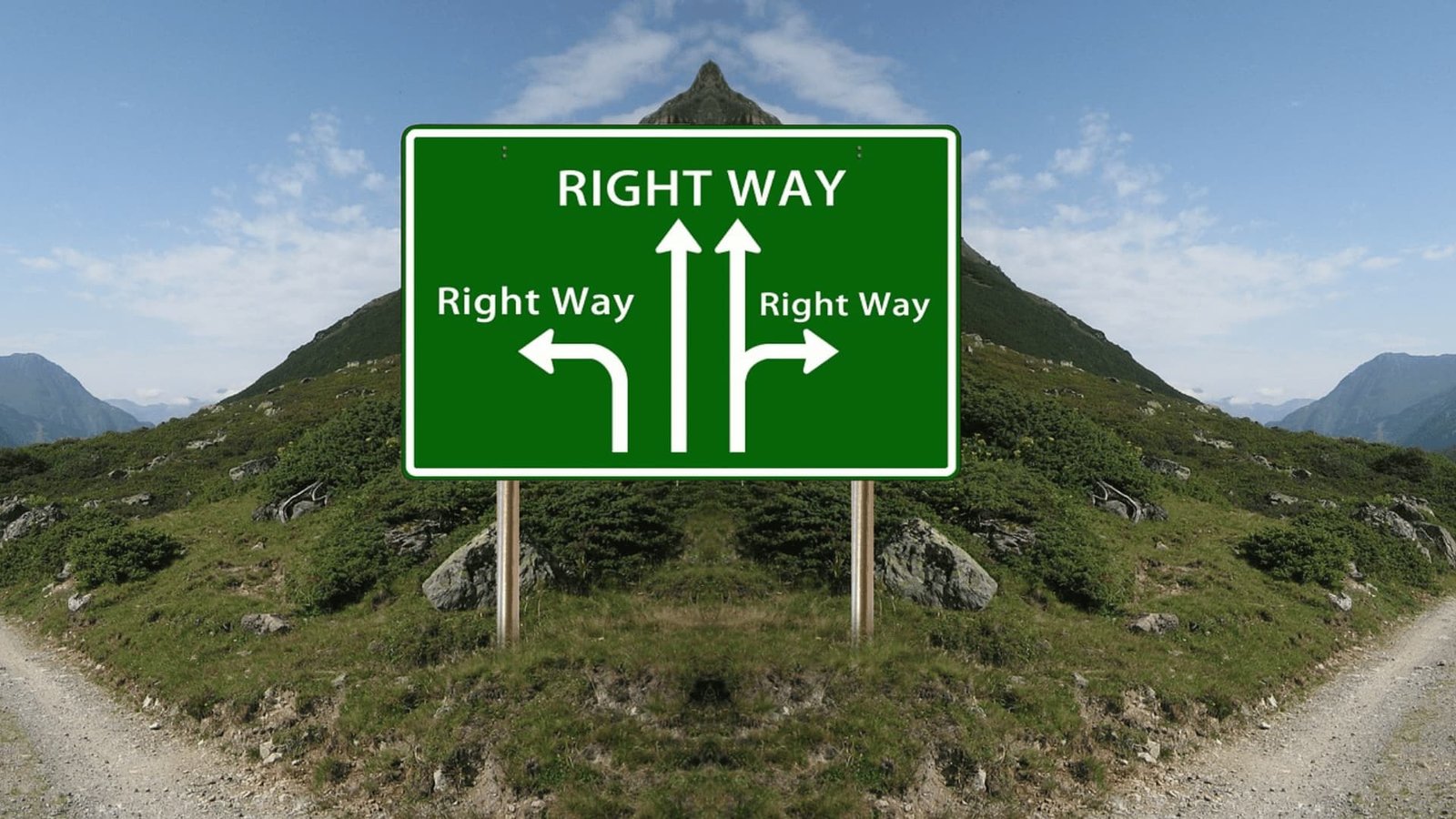 Green road sign with multiple directions showing confusion