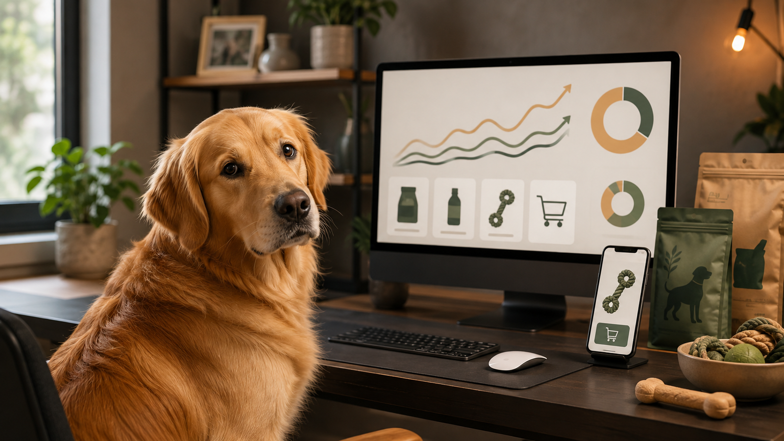 Golden retriever frente a un escritorio con un monitor que muestra gráficos de ventas y productos pet
