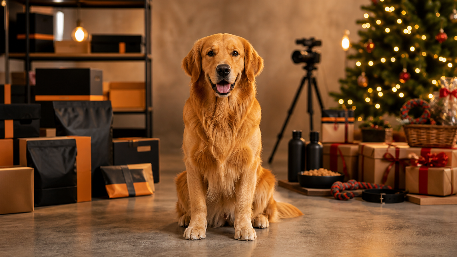 Golden retriever seduto tra scatole, treppiede e albero di Natale in uno studio pet
