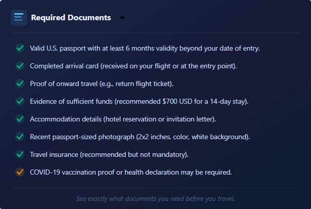 Checklist of required travel documents with visual checkmarks for items like passport validity and arrival cards.
