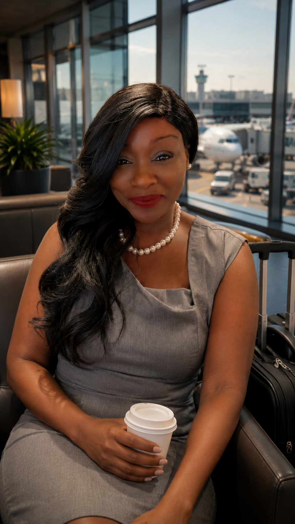 Professional portrait of Demetria Whittaker in business attire - gray sleeveless dress with pearl necklace, sitting in modern airport lounge with airplane visible through windows