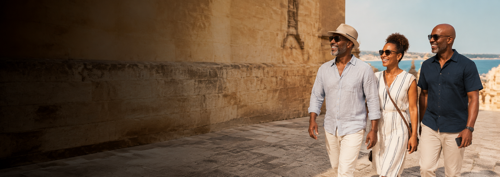 Black travelers smiling together while sightseeing at an international destination