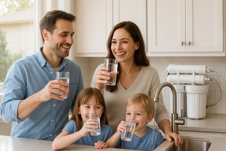 A family sharing clean drinking water at home