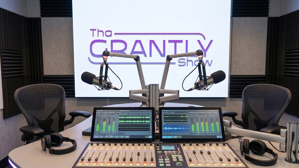 Radio mixing desk and microphone in the Grantly studio