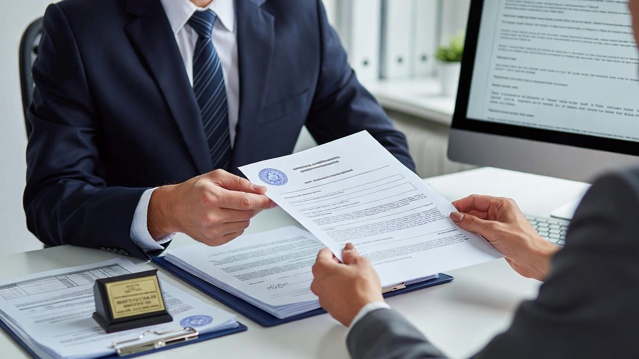 Dos profesionales en traje formal intercambiando documentos en una oficina moderna con sello oficial