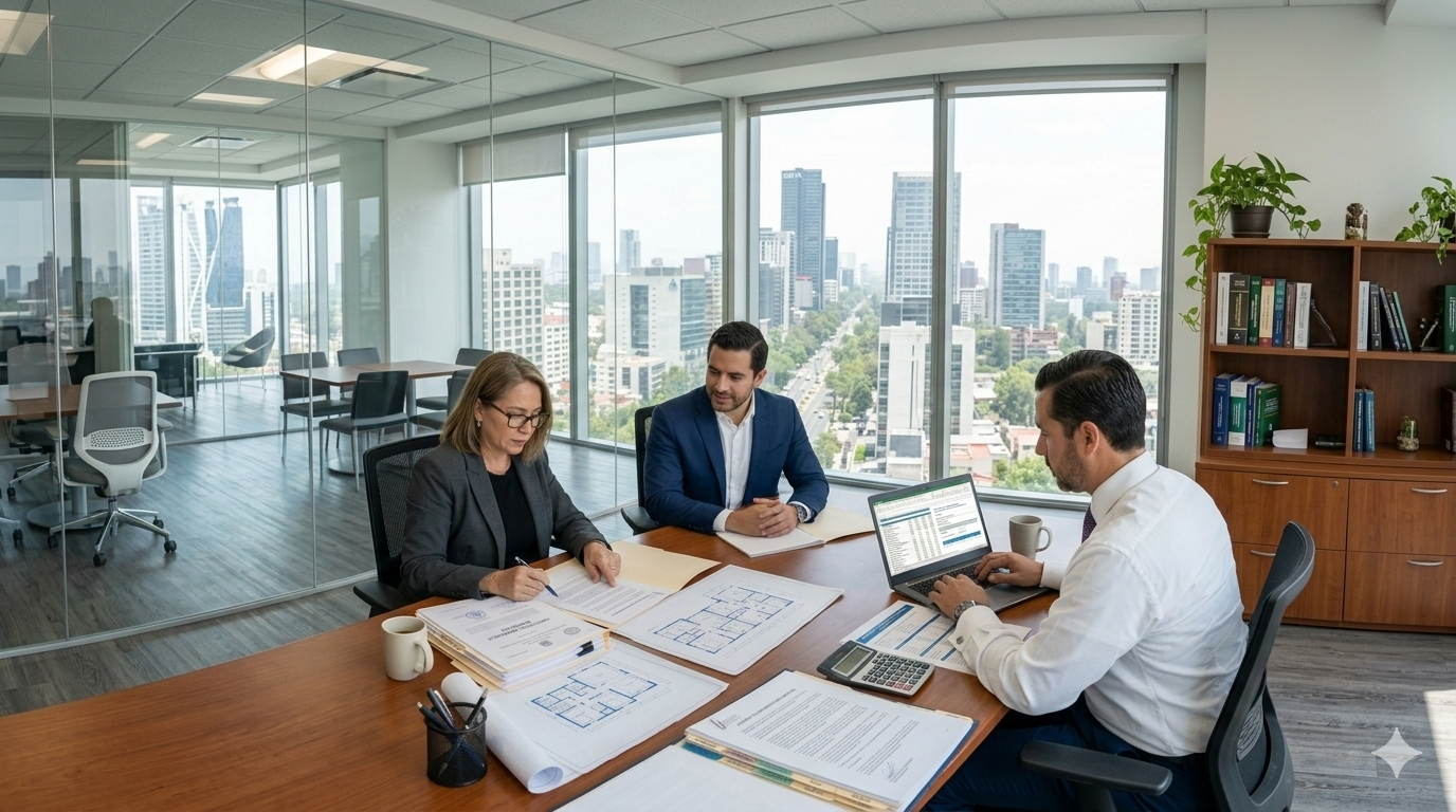 Tres profesionales en una reunión de trabajo en una oficina moderna con vistas panorámicas de la ciudad