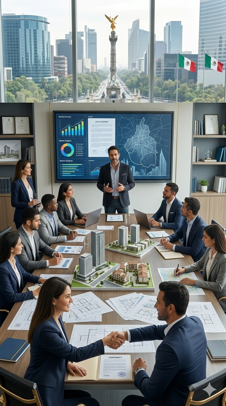 Equipo de negocios profesional en una sala de conferencias moderna con vista al horizonte de la Ciudad de México