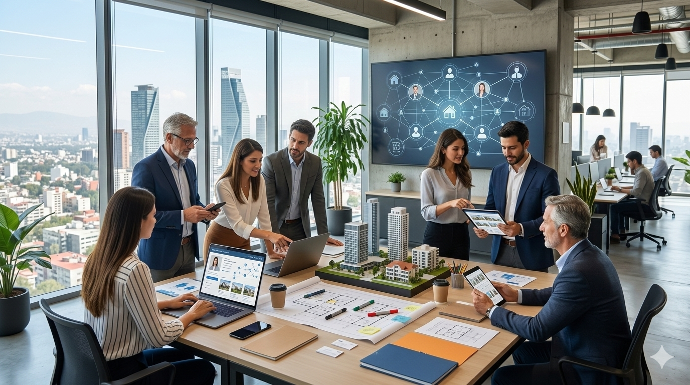 Equipo profesional en una oficina moderna colaborando alrededor de una mesa con documentos y planos