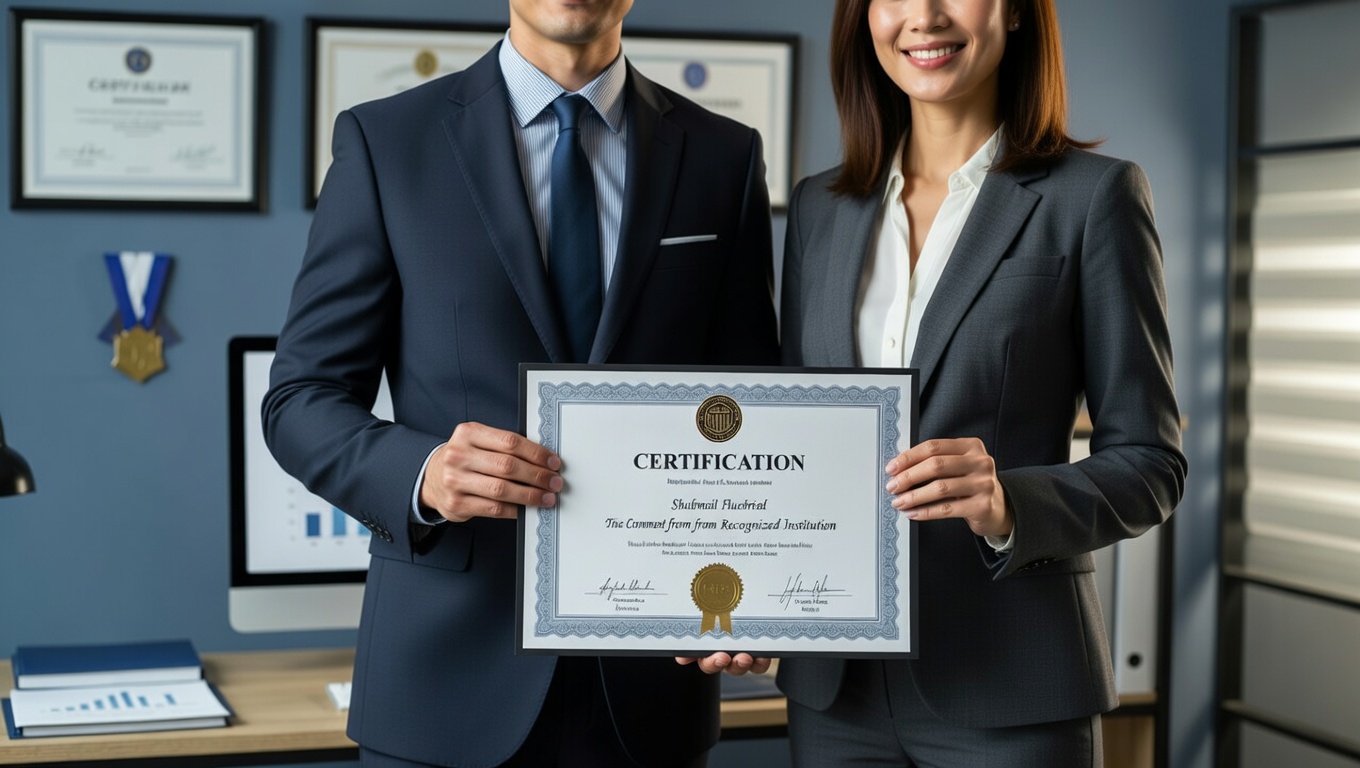 Dos profesionales en traje formal sosteniendo un certificado de certificación