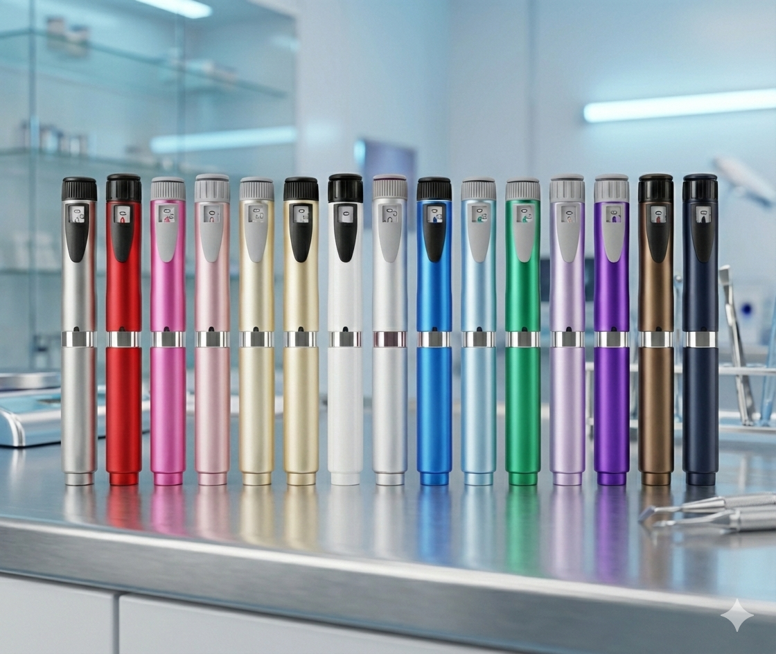 Full range of PeppiPens colored precision pen accessorys displayed on a reflective surface in a modern laboratory setting