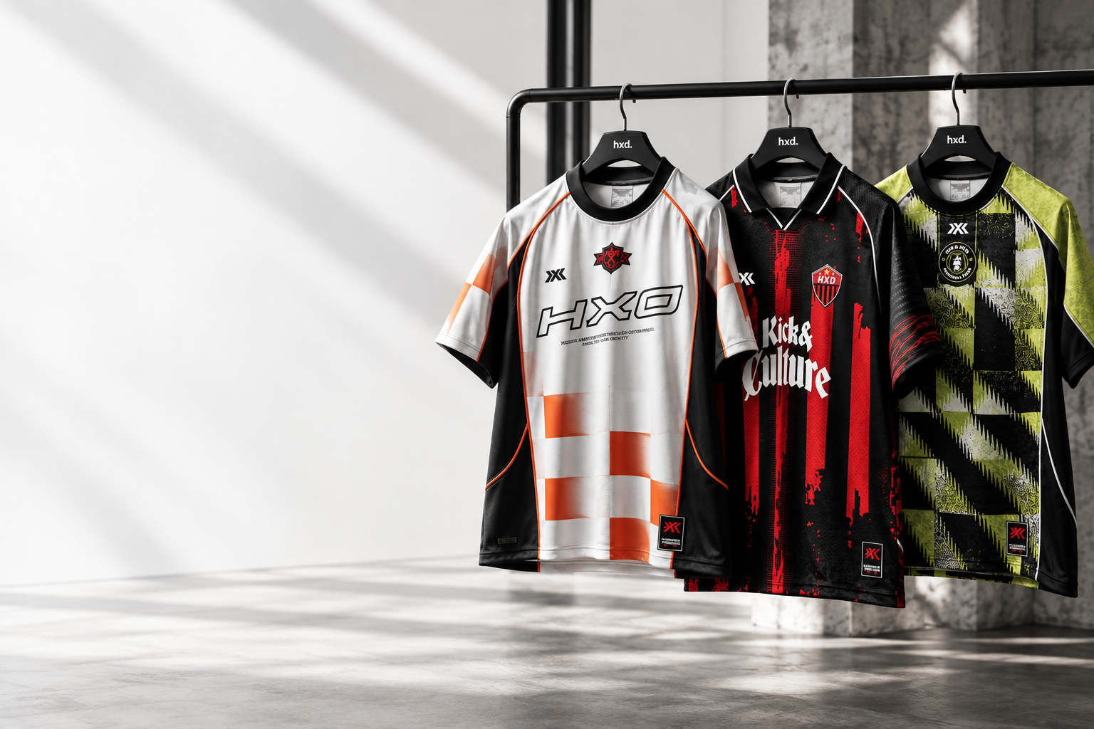 Three custom HXD jerseys hanging on a rack