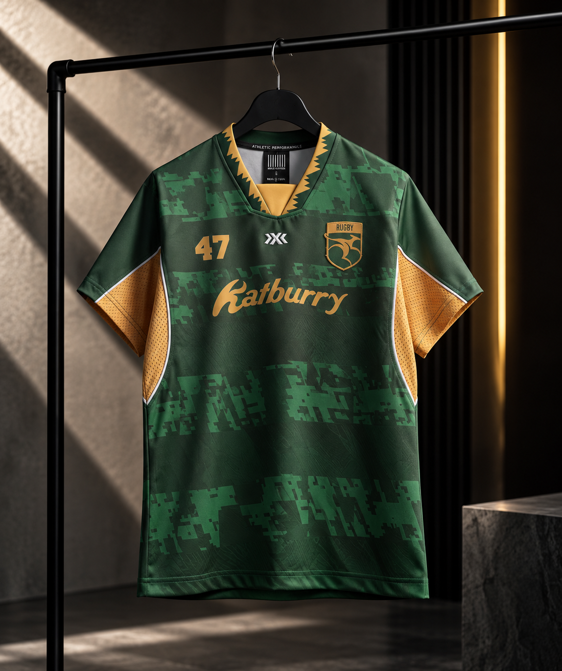 Custom green and gold rugby jersey hanging on a rack