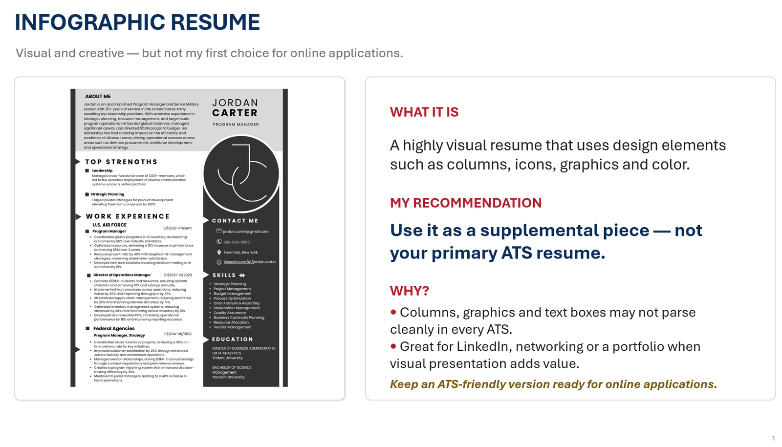 Infographic resume sample for Jordan Carter, Program Manager, using columns, icons, graphics, and color